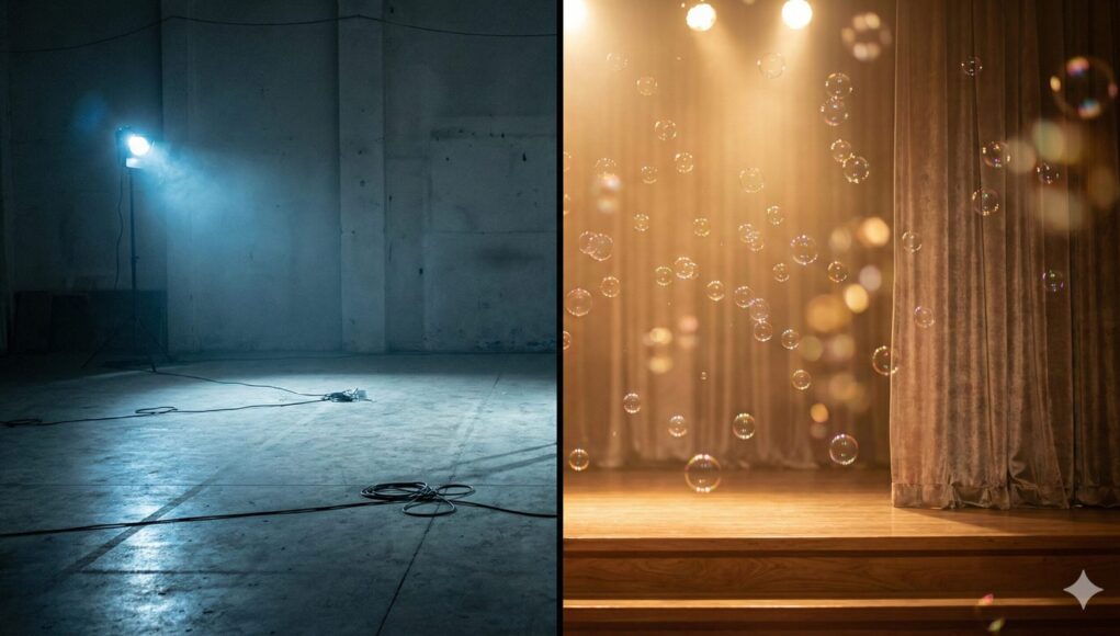 중개 플랫폼과 직거래 공연 섭외 품질 비교를 보여주는 세련된 비주얼 이미지