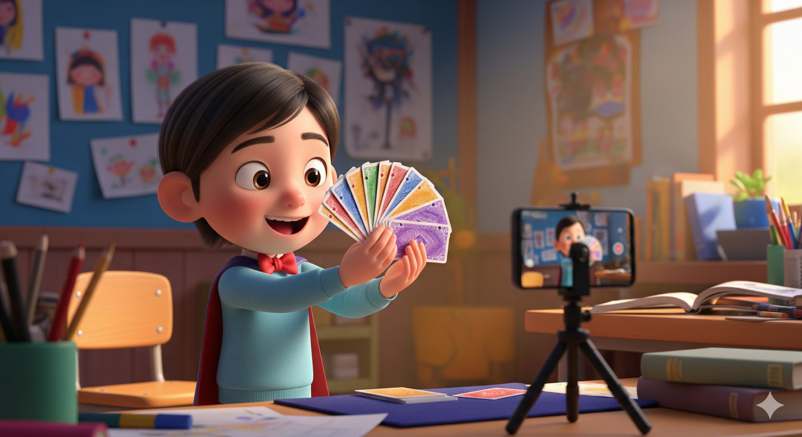 어린이가 스마트폰으로 마술 쇼츠 영상 촬영하는 모습