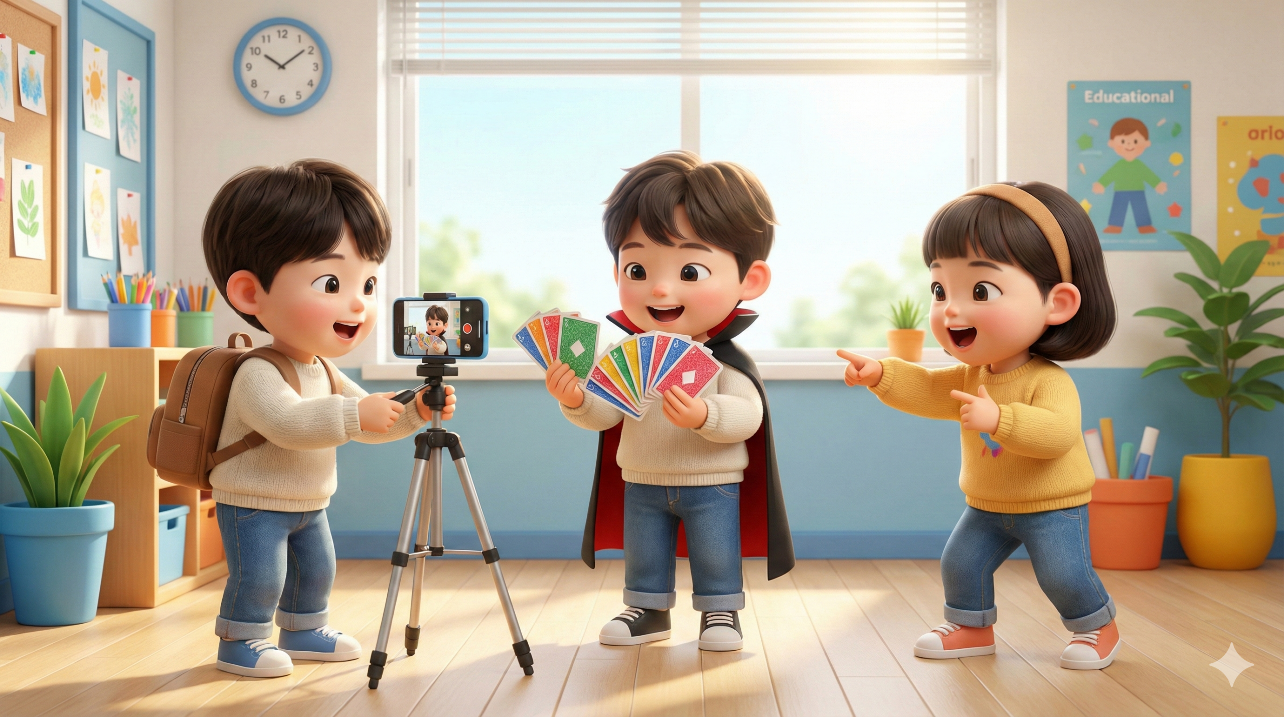 어린이들이 협력하여 마술 쇼츠 영상을 촬영하는 모습
